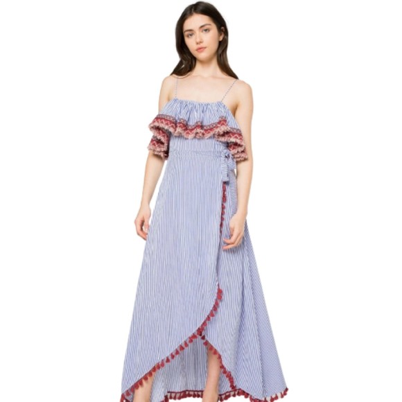 EUC THML Embroidered Blue White Striped Wrap Front Maxi Dress w/ Tassels… - Picture 4 of 11